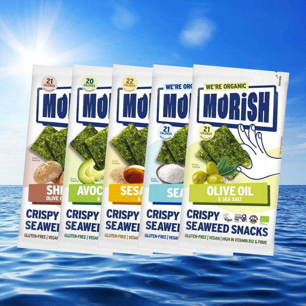 Five MORiSH seaweed snack packs by the ocean